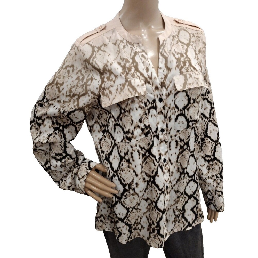 Calvin Klein Women's XL Reptile Snake Pattern Long Sleeve Buttoned Pocket Blouse